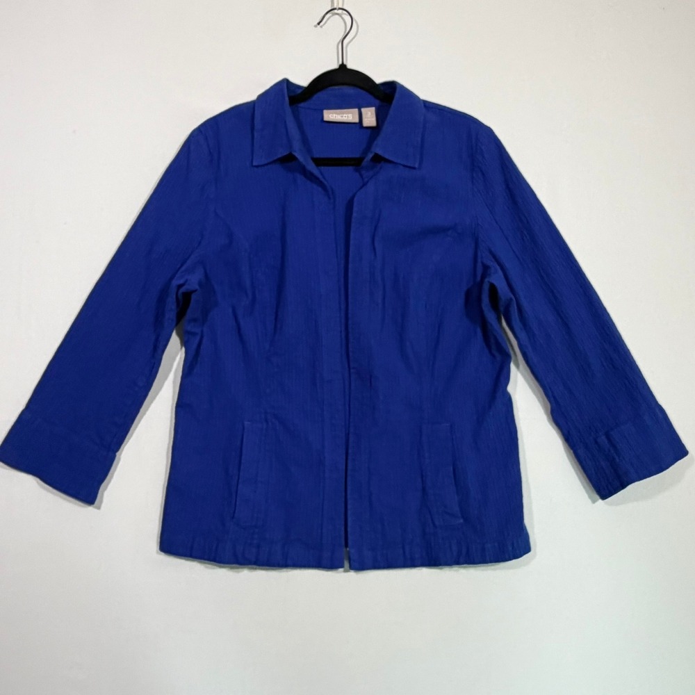 Chicos Jacket Womens 3 XL Blue Seersucker Textured Open Front Coastal